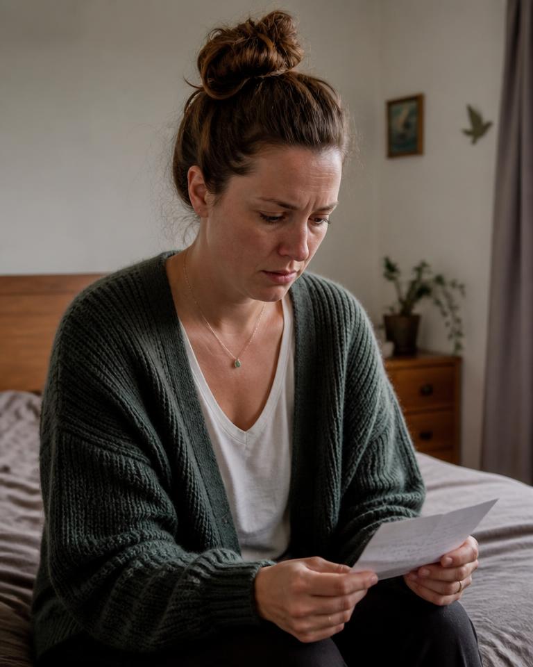 A woman in her early thirties sitting on the edge of a bed at home, reading a letter with a worried expression