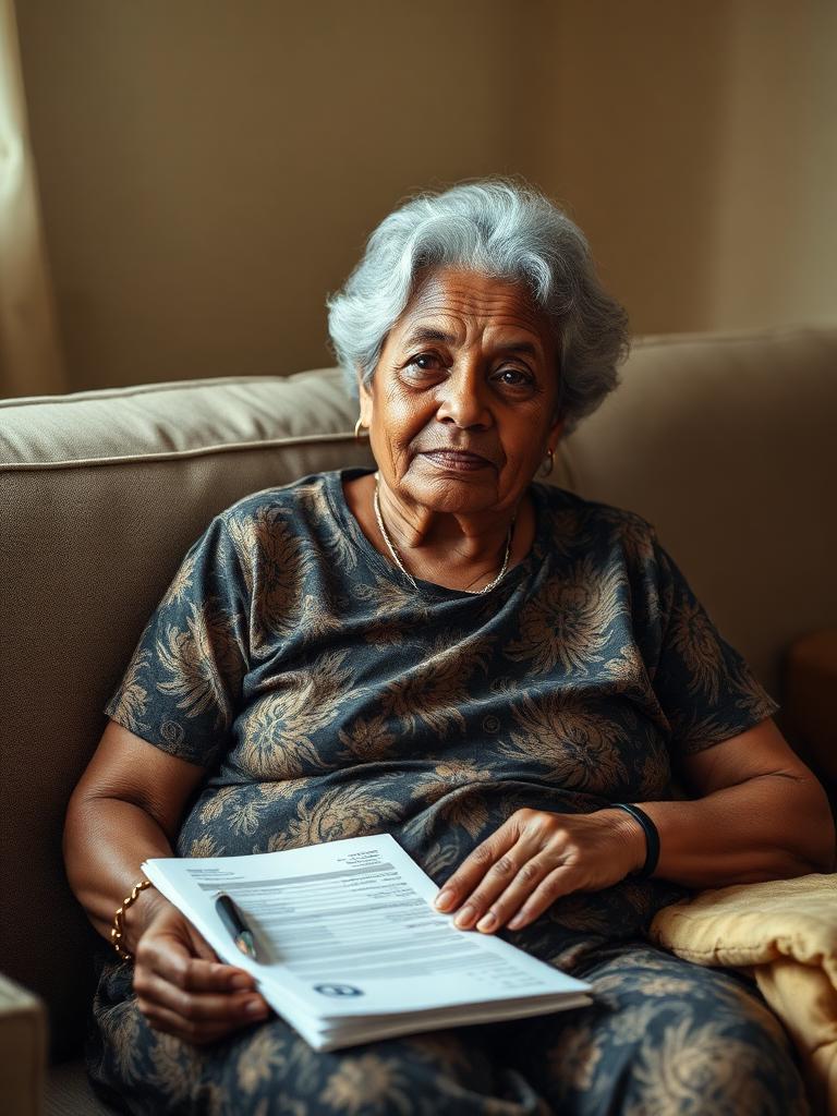 An older Pacific Island woman at home holding medical paperwork