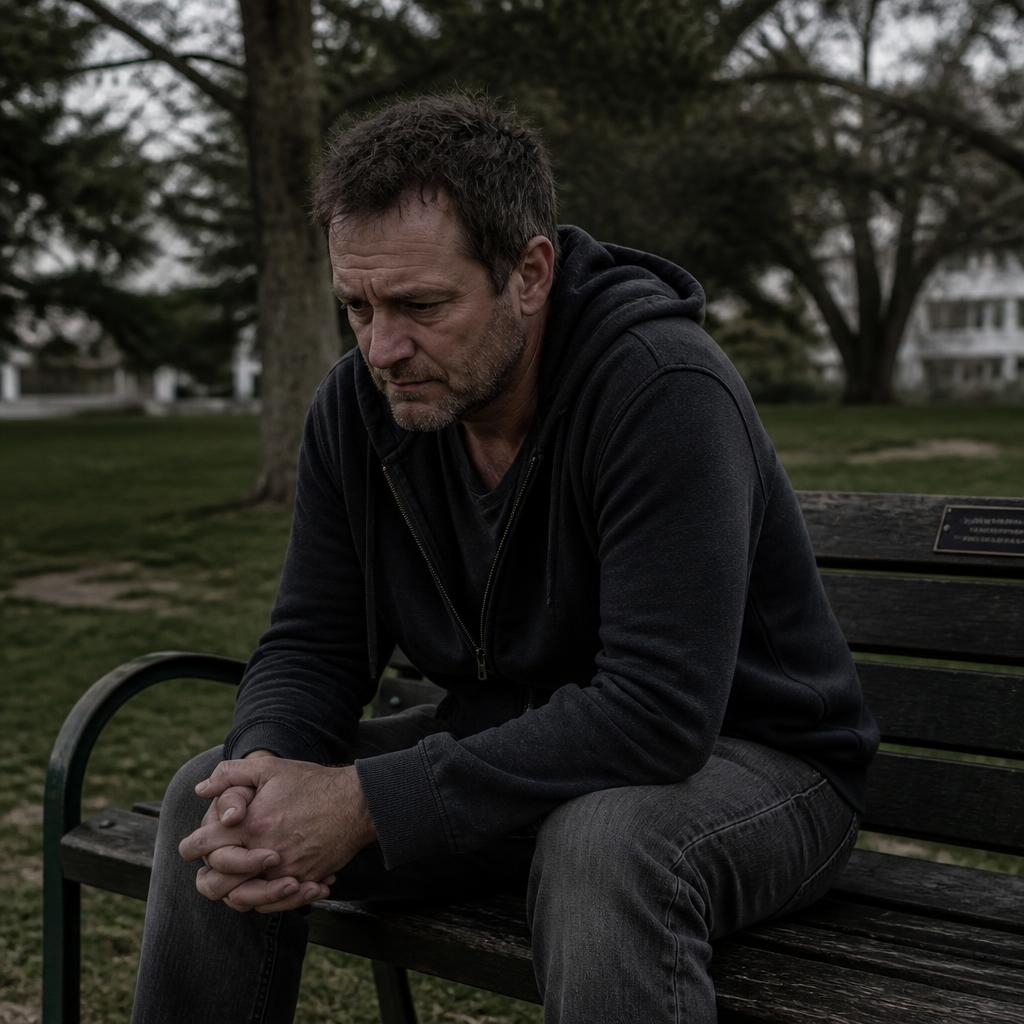 A middle-aged New Zealand man sitting hunched on a park bench, worried after an ACC decline