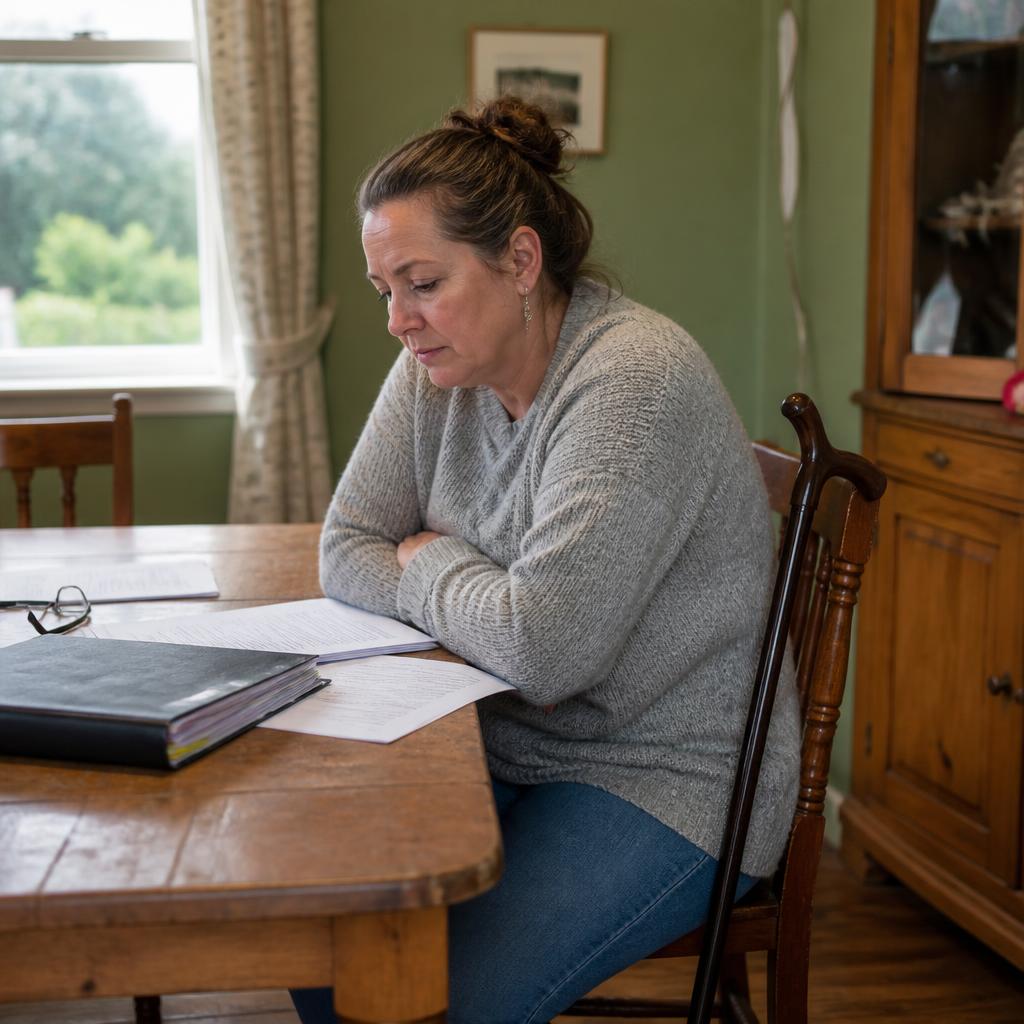 A New Zealand woman in her fifties at a dining table with ACC documents and a walking cane beside her chair
