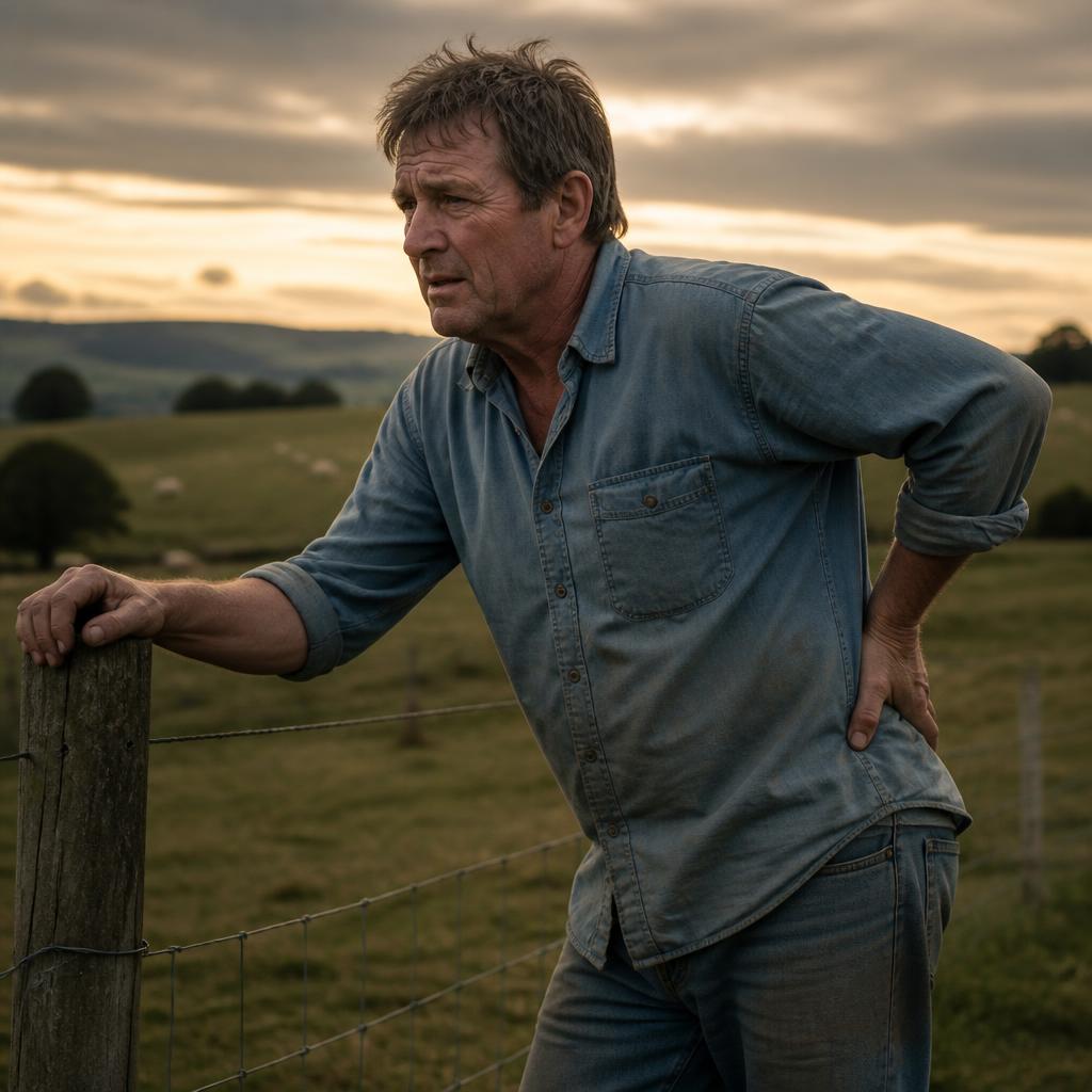 A weathered New Zealand farmer leaning on a fence post at dusk, holding his lower back
