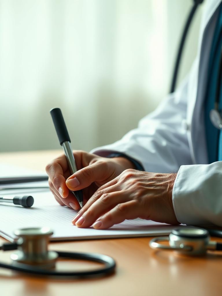 A medical specialist writing notes at a desk beside a stethoscope