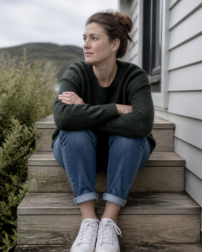 A woman in her late thirties sitting alone on the outdoor steps of a New Zealand house, looking into the middle distance