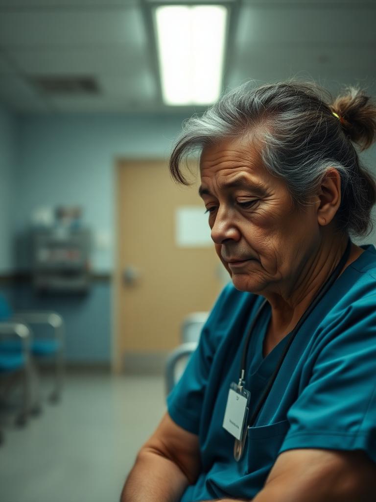 An older care worker in scrubs resting in a hospital break room