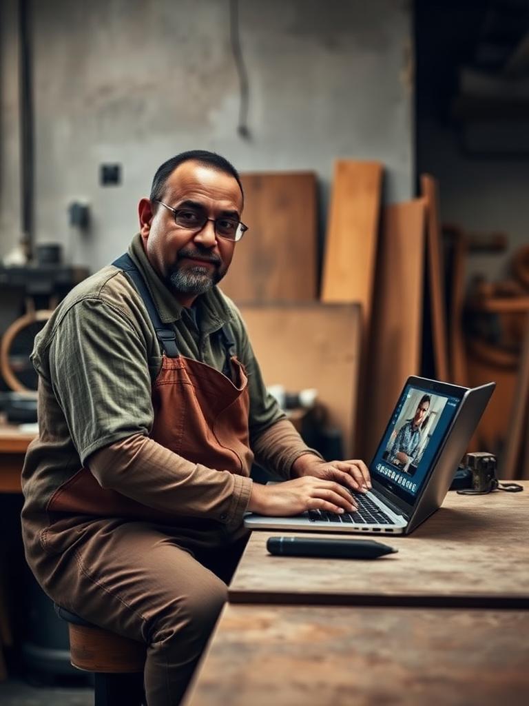A Māori tradesperson at a workshop bench joining an online assessment