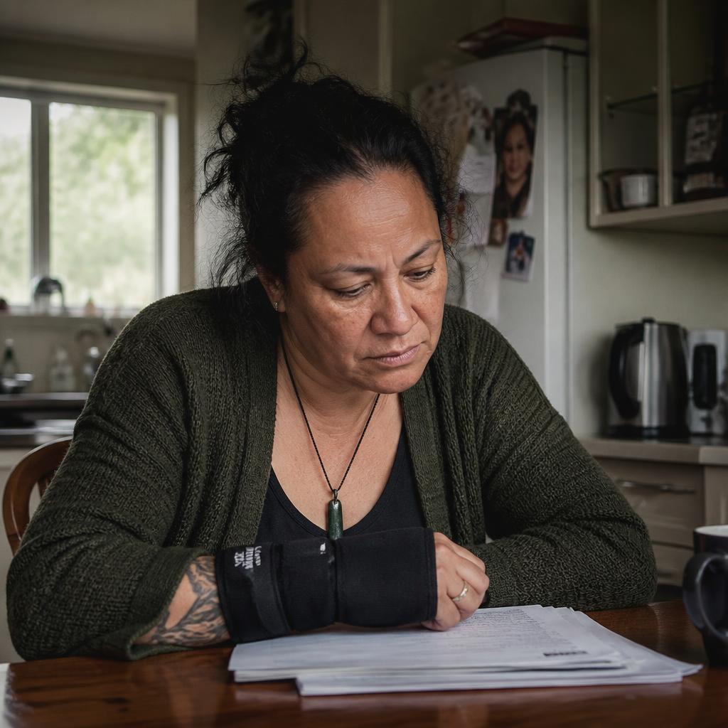 A Māori woman with her wrist in a brace at a kitchen table reviewing ACC compensation paperwork
