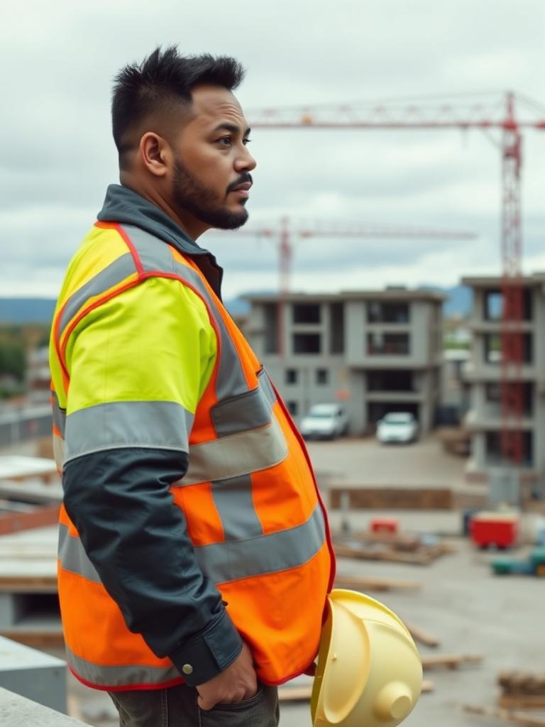 A Samoan man in hi-vis workwear looking out across a New Zealand building site, hard hat under his arm.