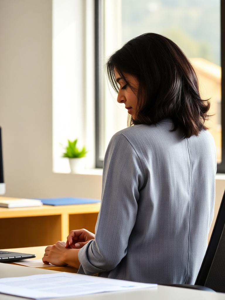 An Indian woman at a desk in a bright New Zealand office, reading a document by the window.