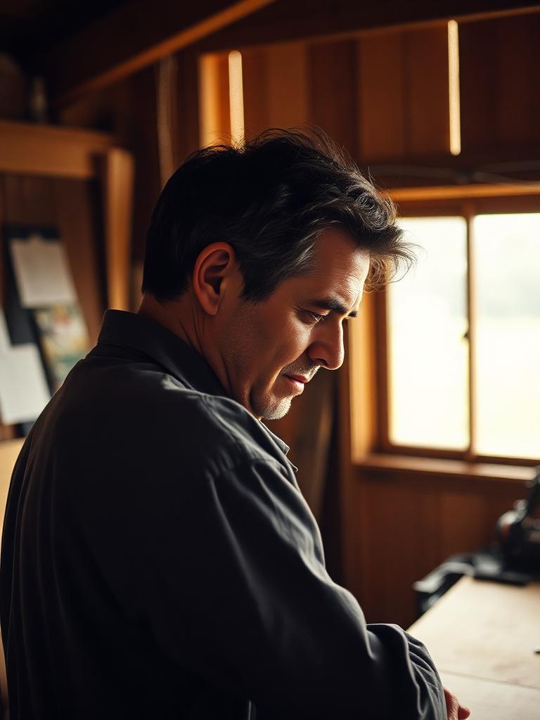 A middle-aged man in a garden shed workshop, sleeves rolled up, working at a bench in late afternoon sun.