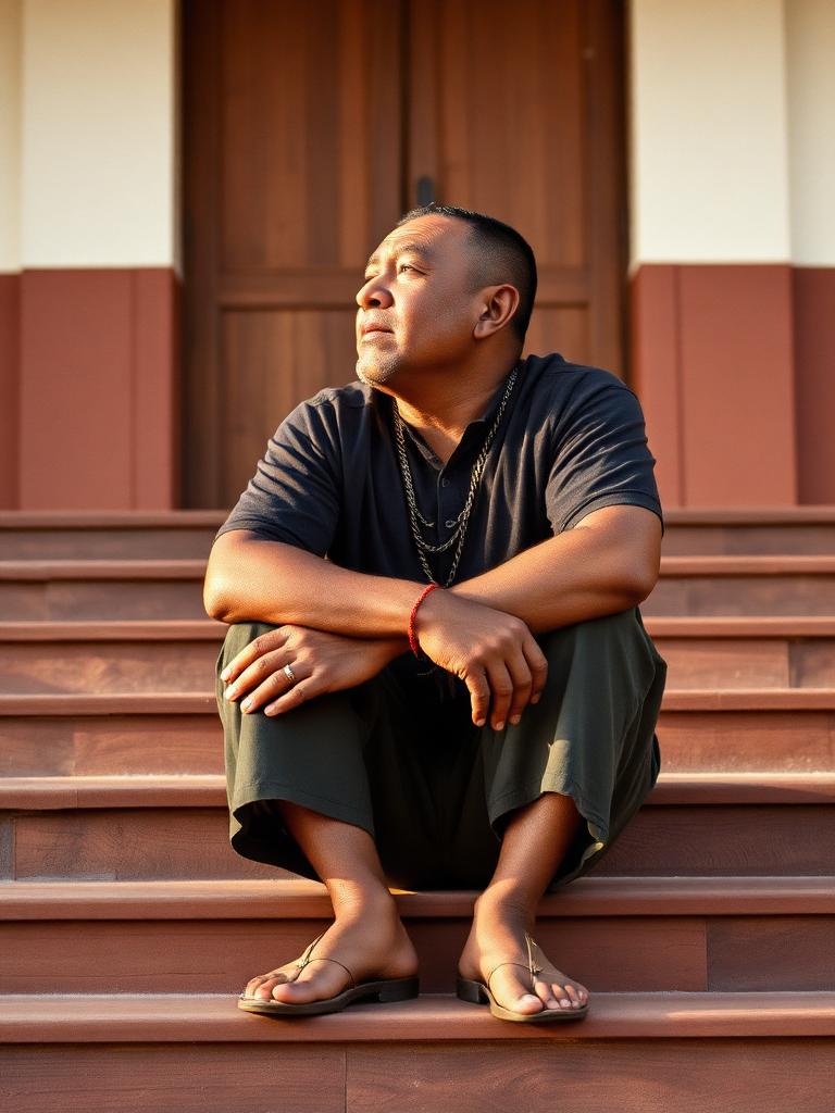 A Māori man sitting on the steps of a community hall in warm afternoon light, looking to the side.