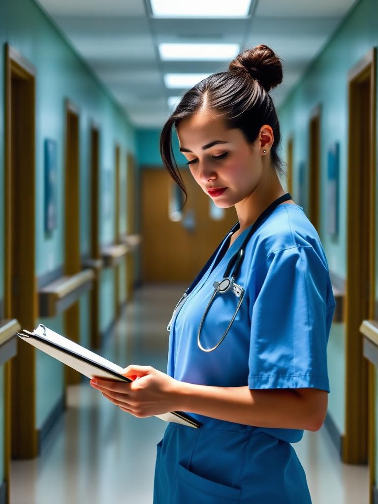 A nurse in scrubs reading a clipboard in a bright hospital corridor.