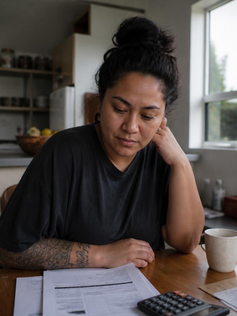 A woman at a kitchen table reading ACC paperwork with a tired, thoughtful expression.